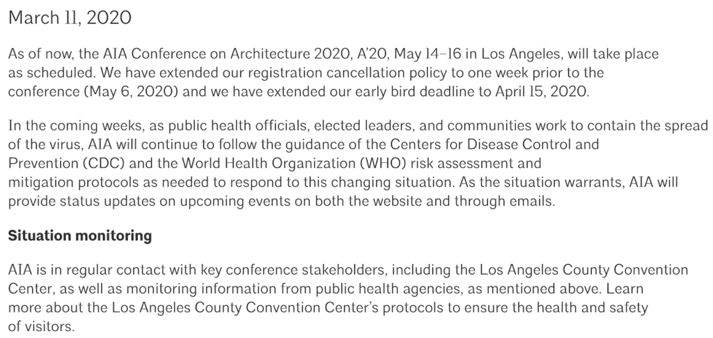 Image of an email sent to conference attendees, offering flexible cancellation due to cornavirus.