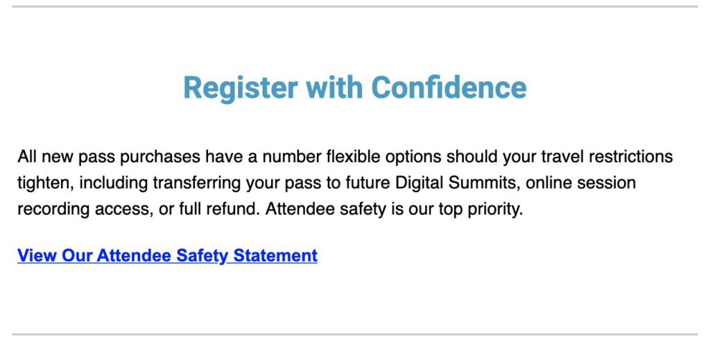 Image of an email sent to conference attendees, offering flexible booking options due to cornavirus.