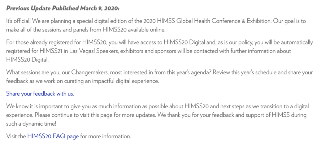 Image of an email sent to conference attendees, offering flexible remote attendance options due to Covid-19.