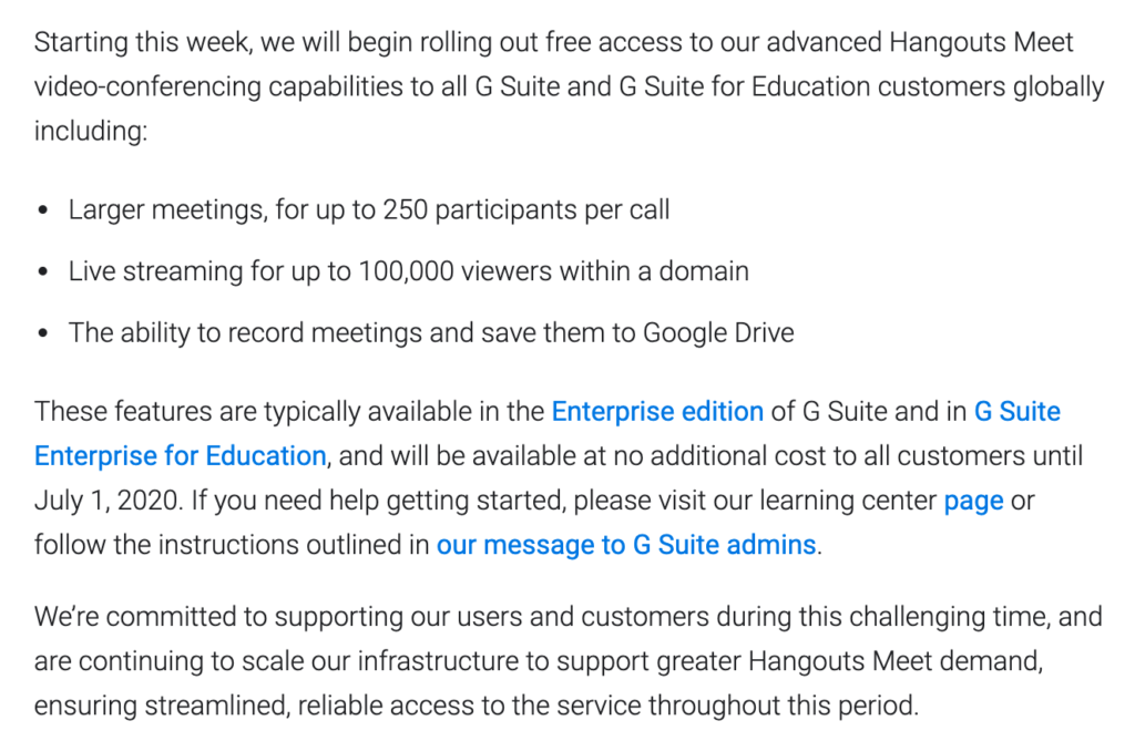 Image of an message from Google offering Hangouts Meet to all G Suite customers due to Covid-19.