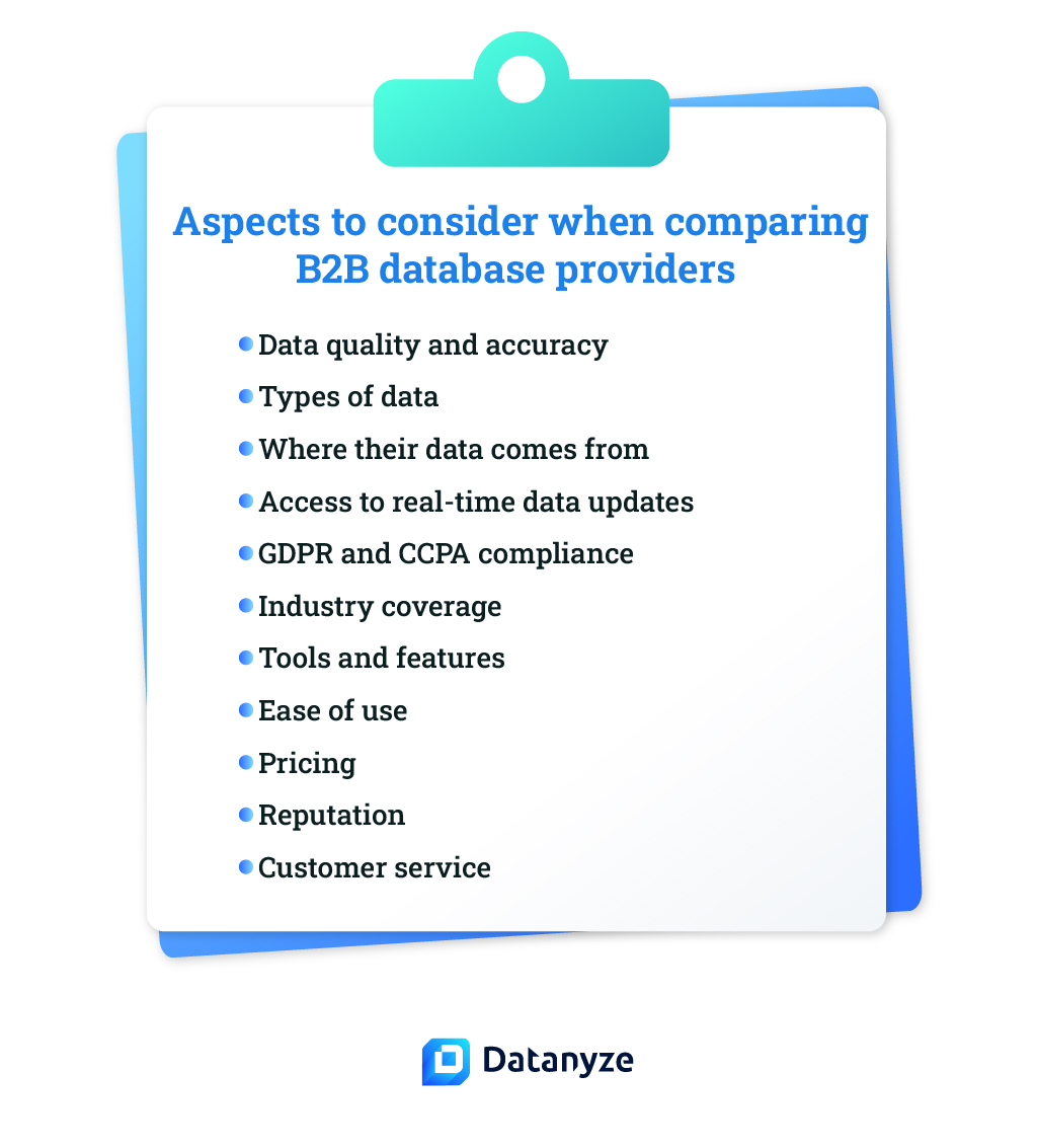 Aspects to consider when comparing B2B database providers
